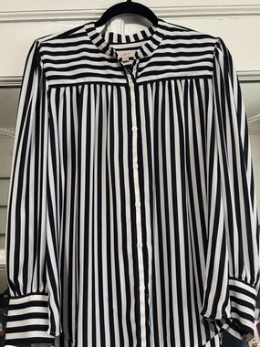 'LOFT' Black & White Striped Button-Front Blouse